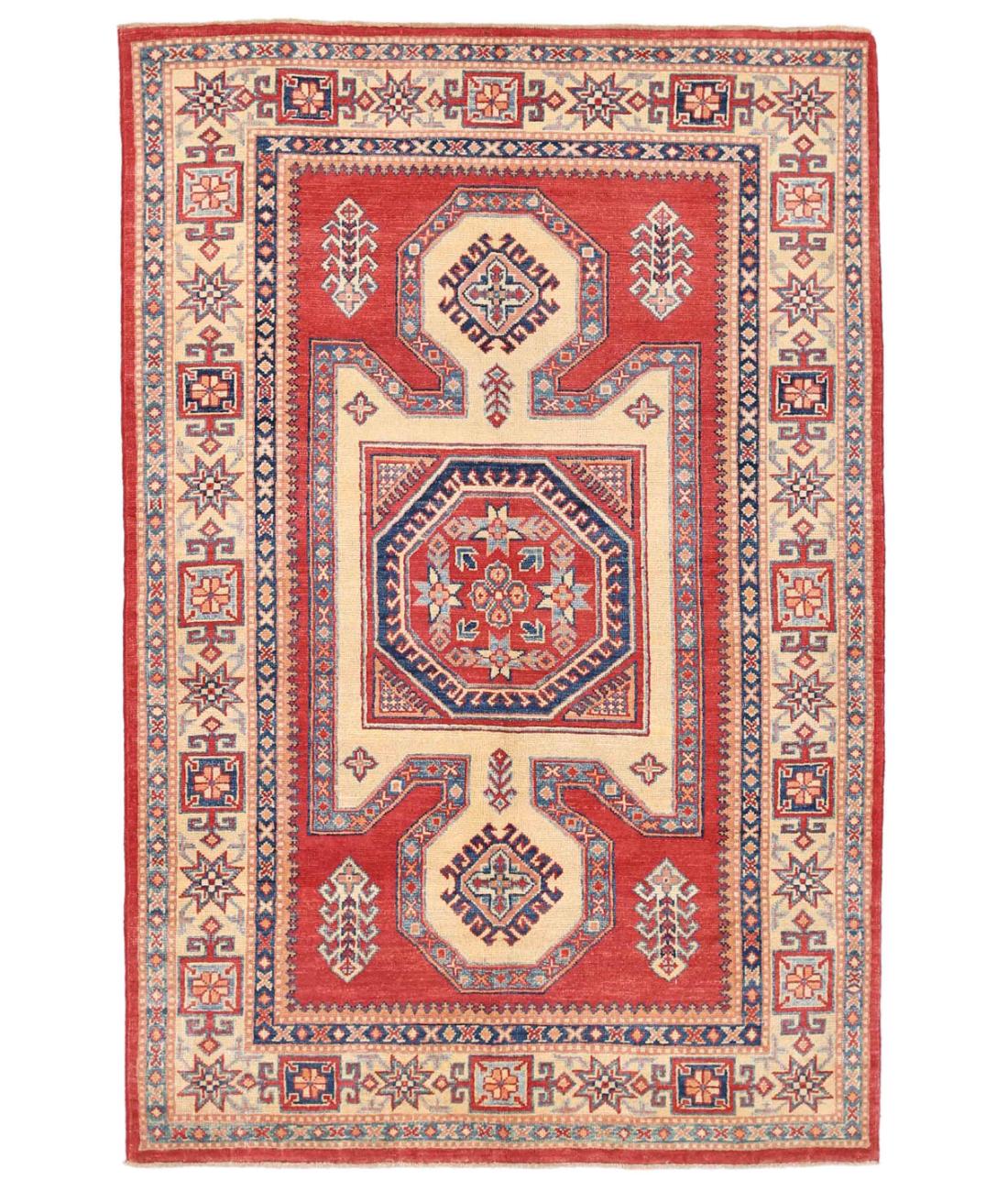 Hand Knotted Tribal Kazak Wool Rug - 4'4'' x 6'9'' 4' 4" X 6' 9" ( 132 X 206 ) / Red / Ivory