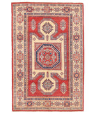 Hand Knotted Tribal Kazak Wool Rug - 4'4'' x 6'9'' 4' 4" X 6' 9" ( 132 X 206 ) / Red / Ivory