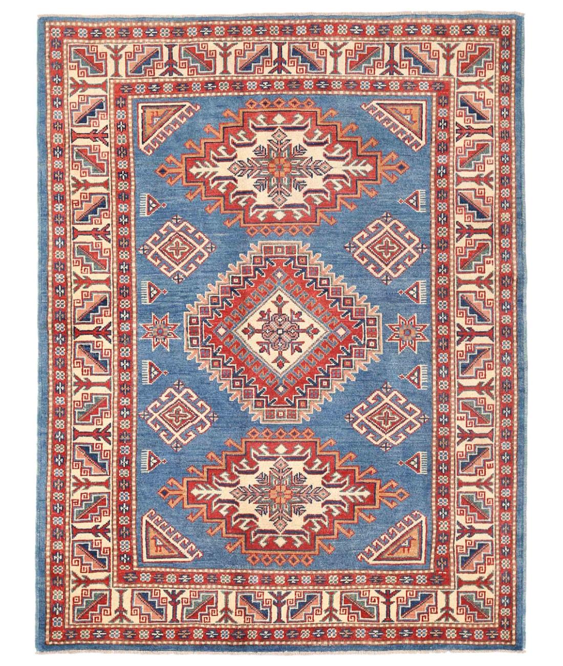 Hand Knotted Tribal Kazak Wool Rug - 4'9'' x 6'4'' 4' 9" X 6' 4" ( 145 X 193 ) / Red / Ivory