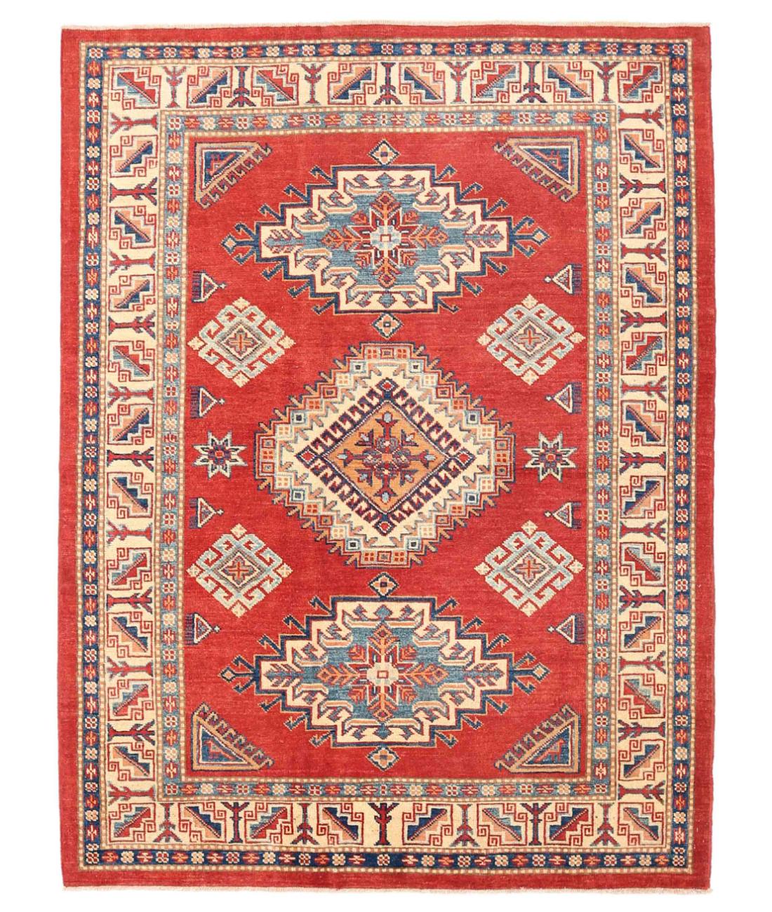 Hand Knotted Tribal Kazak Wool Rug - 4'11'' x 6'7'' 4' 11" X 6' 7" ( 150 X 201 ) / Red / Ivory