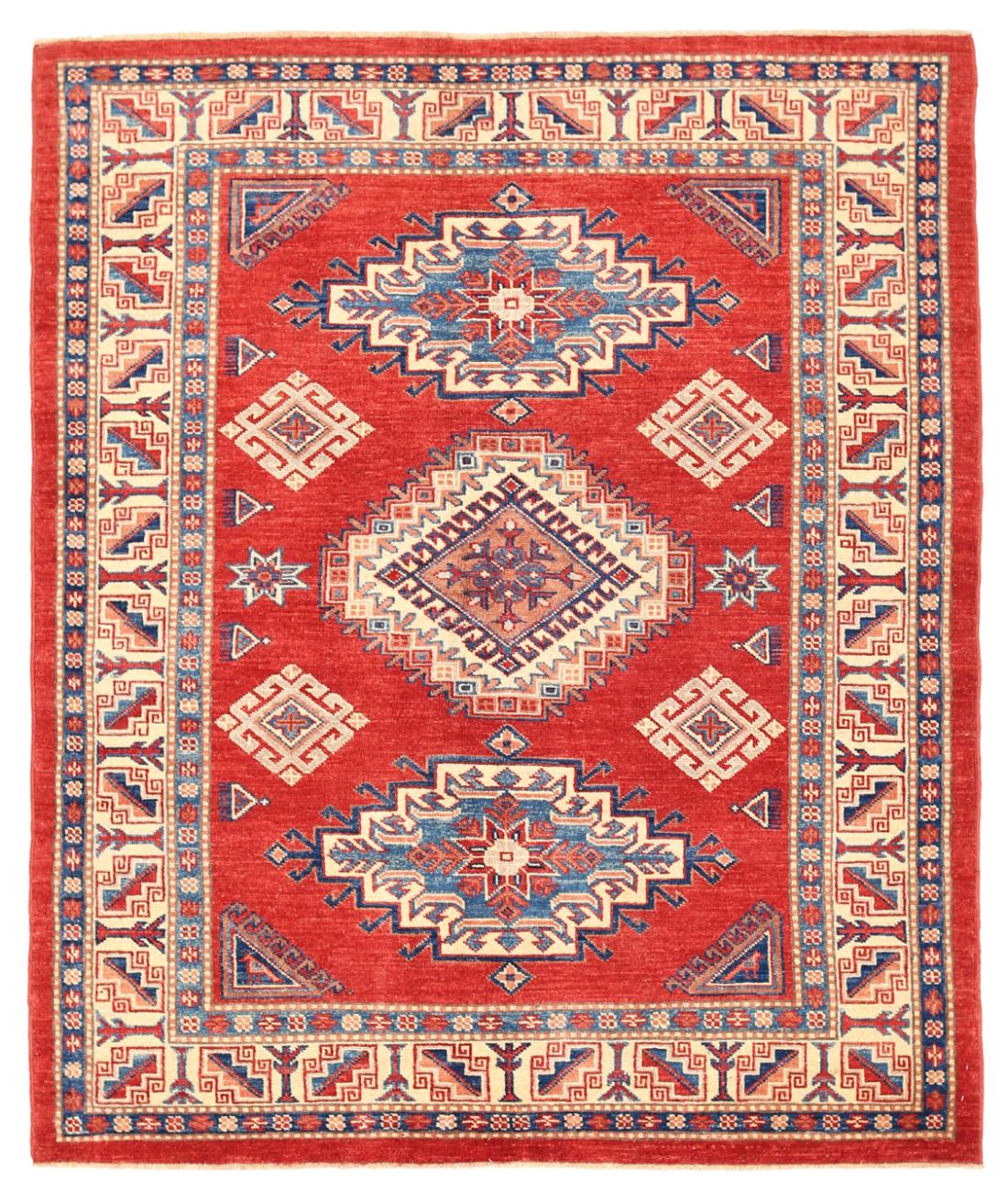 Hand Knotted Tribal Kazak Wool Rug - 5'1'' x 6'2'' 5' 1" X 6' 2" ( 155 X 188 ) / Red / Ivory