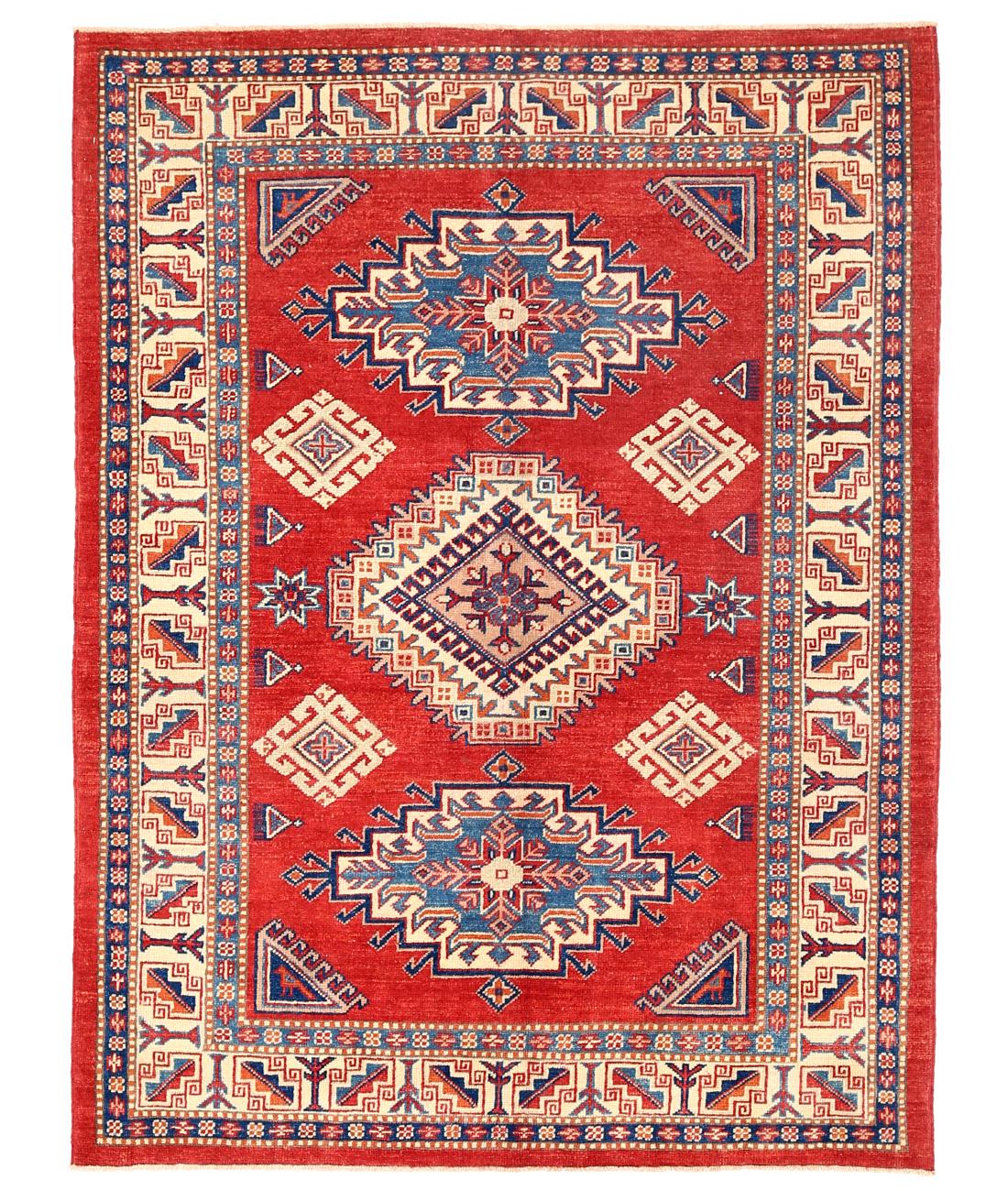 Hand Knotted Tribal Kazak Wool Rug - 4'7'' x 6'4'' 4' 7" X 6' 4" ( 140 X 193 ) / Red / Ivory