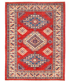 Hand Knotted Tribal Kazak Wool Rug - 4'7'' x 6'4'' 4' 7" X 6' 4" ( 140 X 193 ) / Red / Ivory