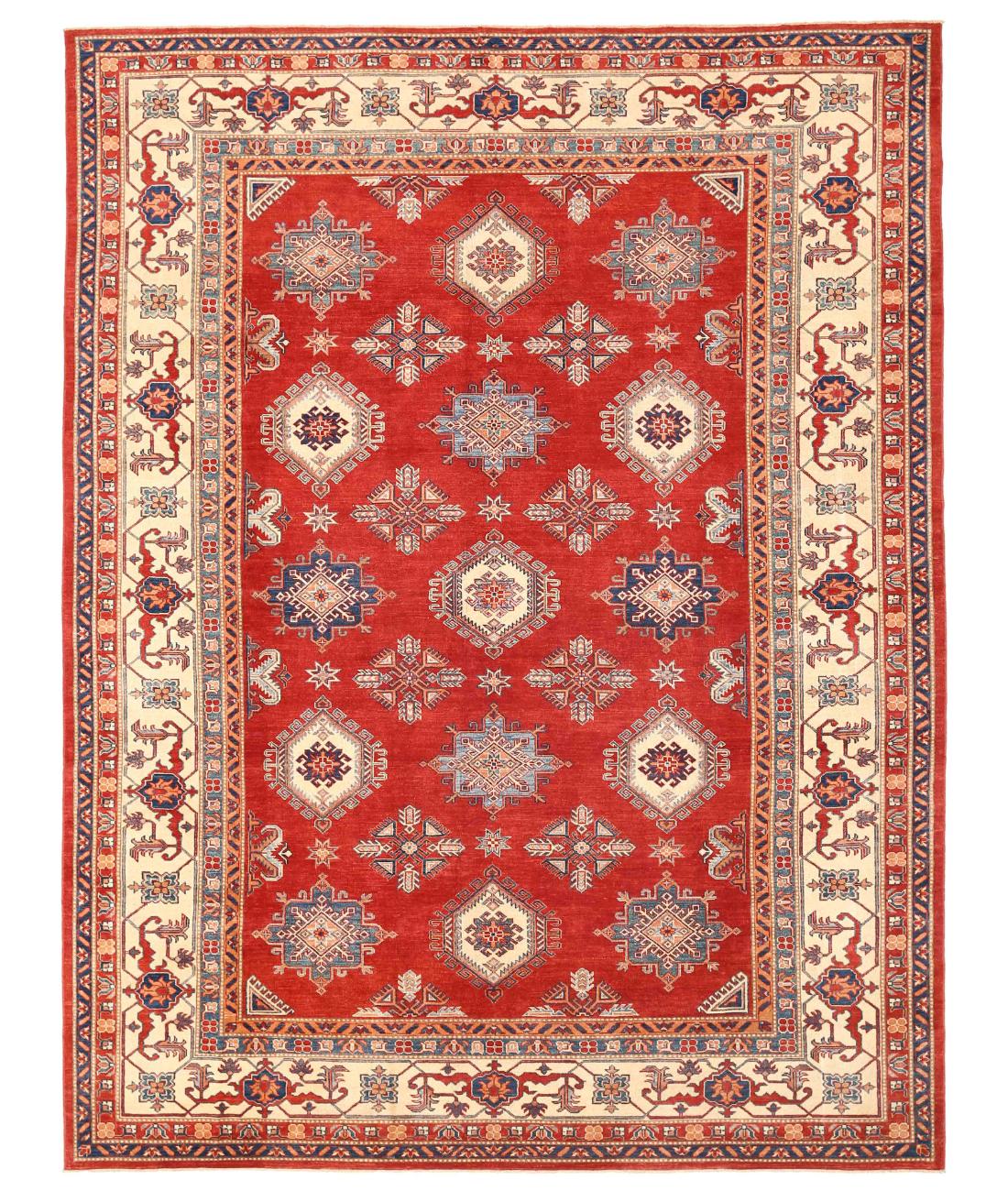 Hand Knotted Tribal Kazak Wool Rug - 10'5'' x 13'8'' 10' 5" X 13' 8" ( 318 X 417 ) / Red / Ivory