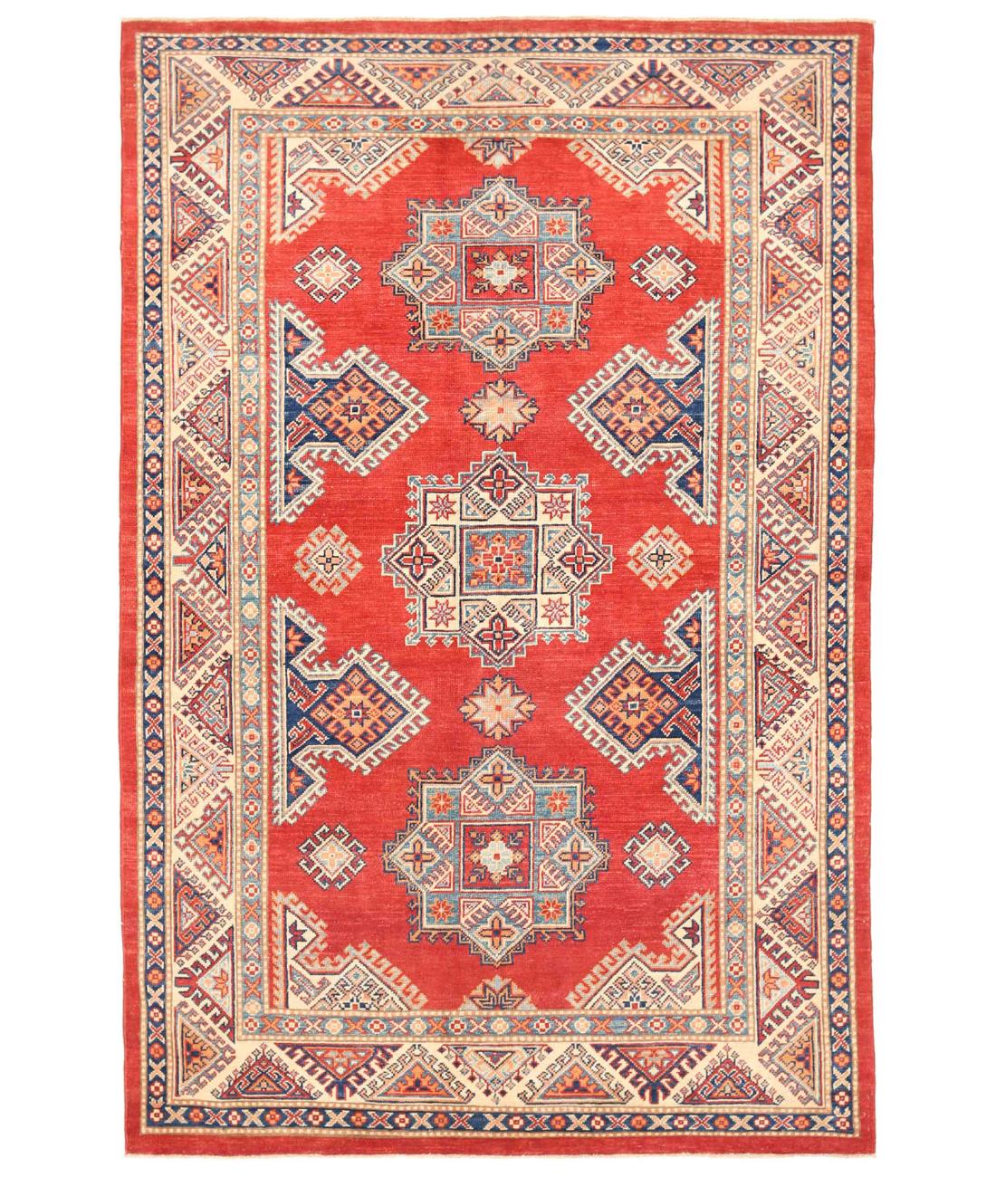 Hand Knotted Tribal Kazak Wool Rug - 5'5'' x 8'5'' 5' 5" X 8' 5" ( 165 X 257 ) / Red / Blue