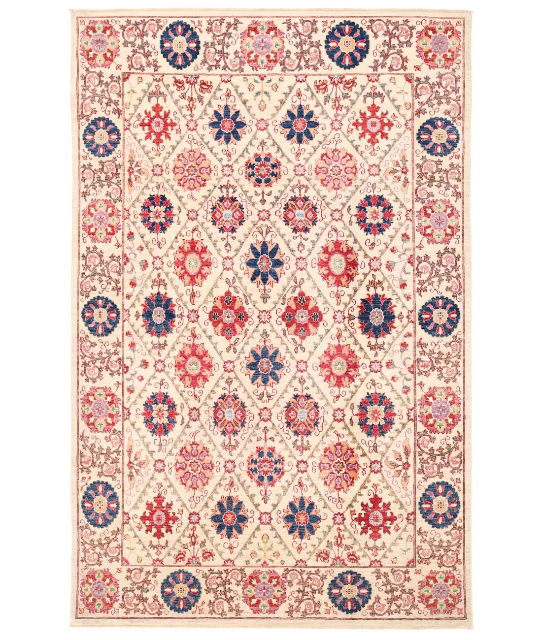 Hand Knotted Ziegler Suzani Wool Rug - 5'11'' x 9'2'' 5' 11" X 9' 2" ( 180 X 279 ) / Ivory / Red