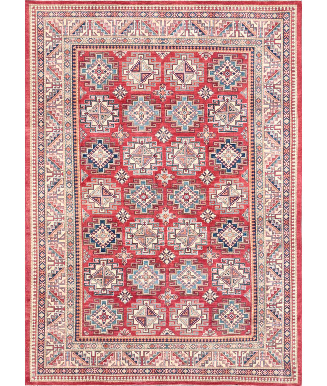 Hand Knotted Tribal Kazak Wool Rug - 9'1'' x 12'6'' 9' 1" X 12' 6" ( 277 X 381 ) / Red / Ivory