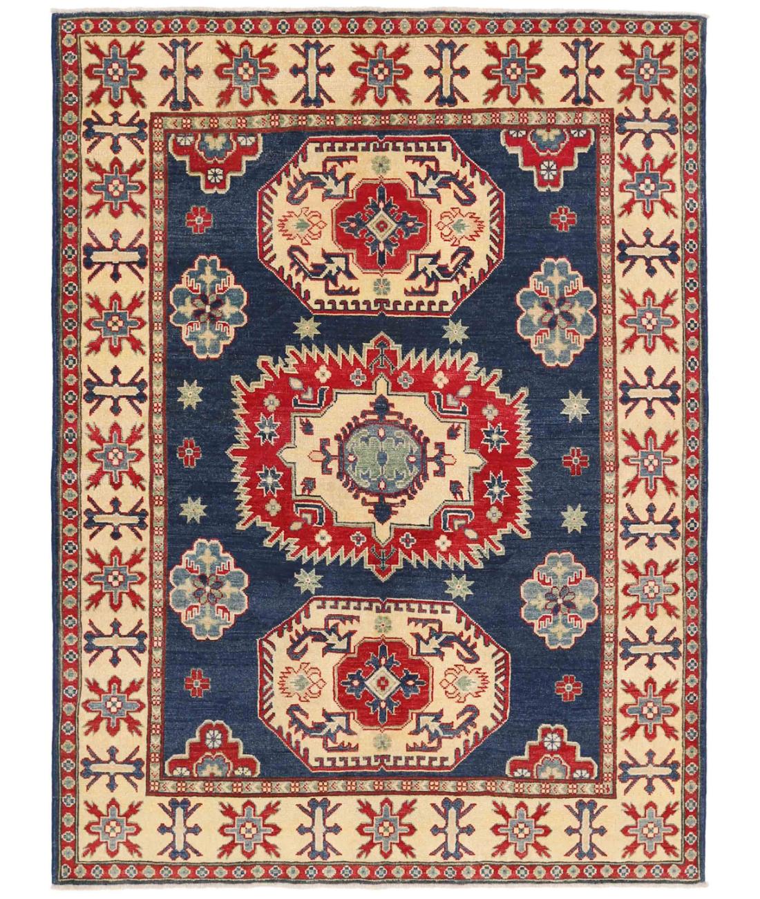 Hand Knotted Tribal Kazak Wool Rug - 4'11'' x 6'8'' 4' 11" X 6' 8" ( 150 X 203 ) / Blue / Ivory