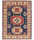 Hand Knotted Tribal Kazak Wool Rug - 4'11'' x 6'8'' 4' 11" X 6' 8" ( 150 X 203 ) / Blue / Ivory