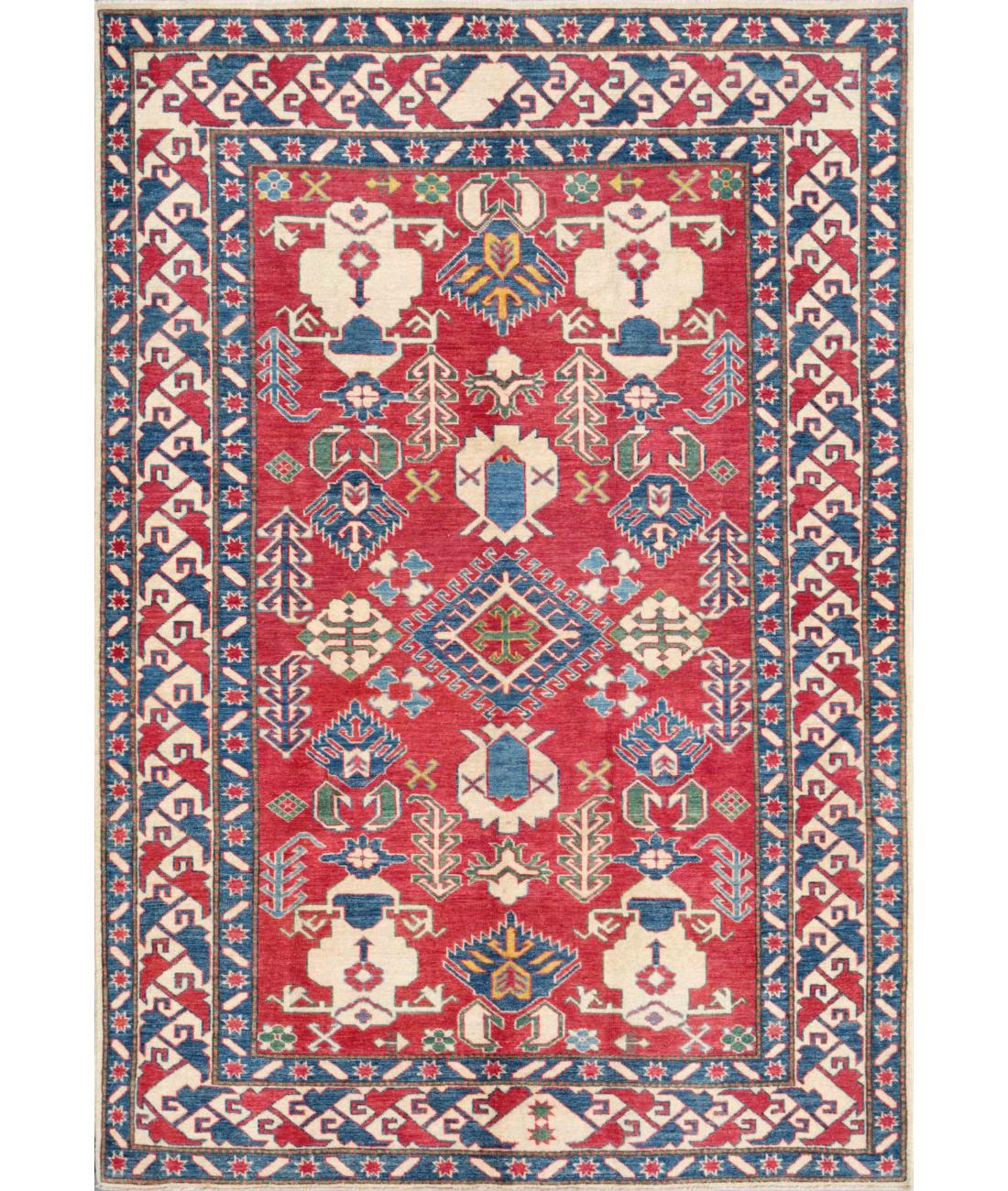 Hand Knotted Tribal Kazak Wool Rug - 6'4'' x 9'0'' 6' 4" X 9' 0" ( 193 X 274 ) / Red / Ivory