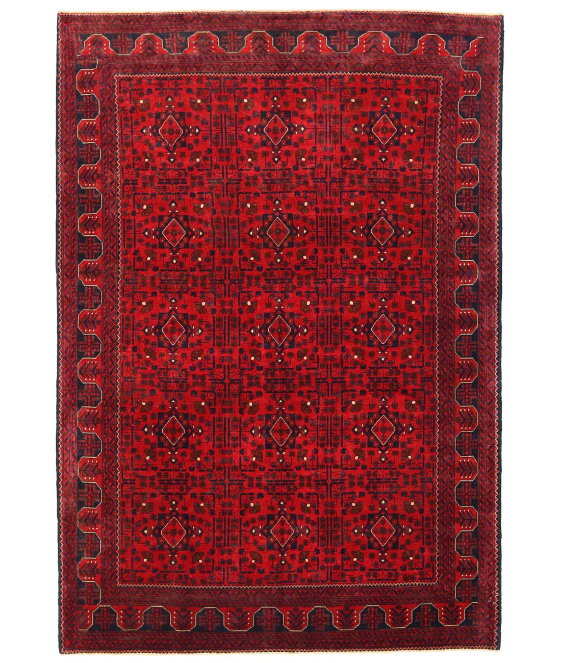 Hand Knotted Afghan Khamyab Wool Rug - 6'4'' x 9'6'' 6' 4" X 9' 6" ( 193 X 290 ) / Red / Black