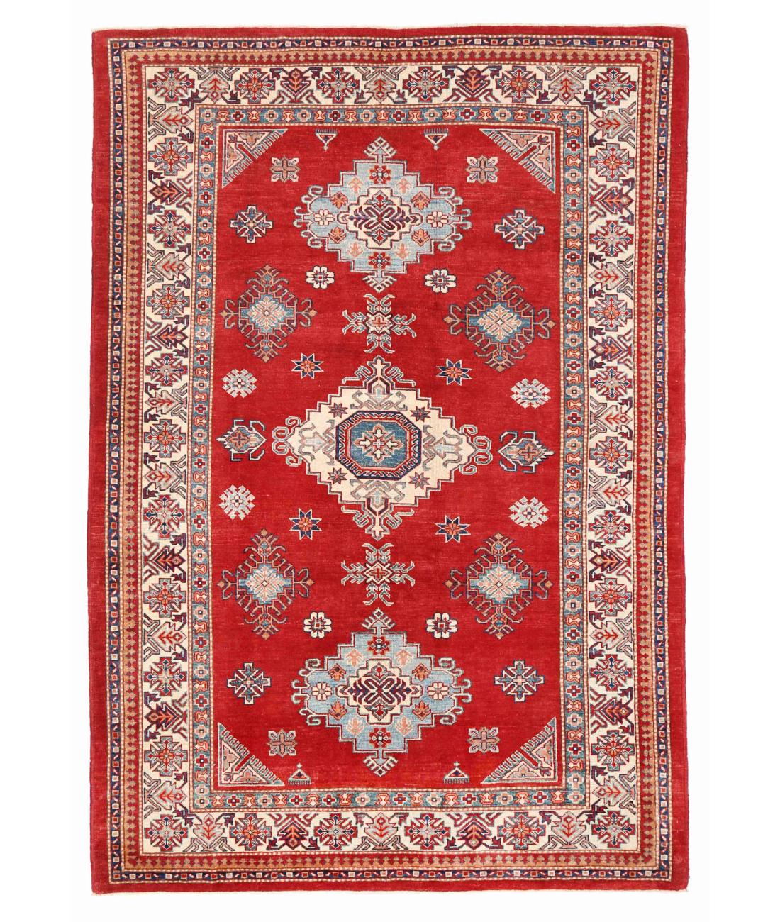 Hand Knotted Tribal Kazak Wool Rug - 6'1'' x 9'3'' 6' 1" X 9' 3" ( 185 X 282 ) / Red / Ivory