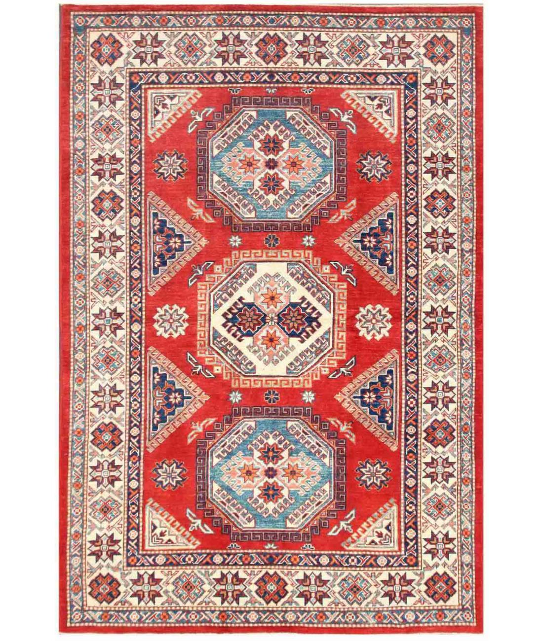 Hand Knotted Tribal Kazak Wool Rug - 5'5'' x 7'1'' 5' 5" X 7' 1" ( 165 X 216 ) / Red / Ivory