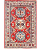 Hand Knotted Tribal Kazak Wool Rug - 5'5'' x 7'1'' 5' 5" X 7' 1" ( 165 X 216 ) / Red / Ivory