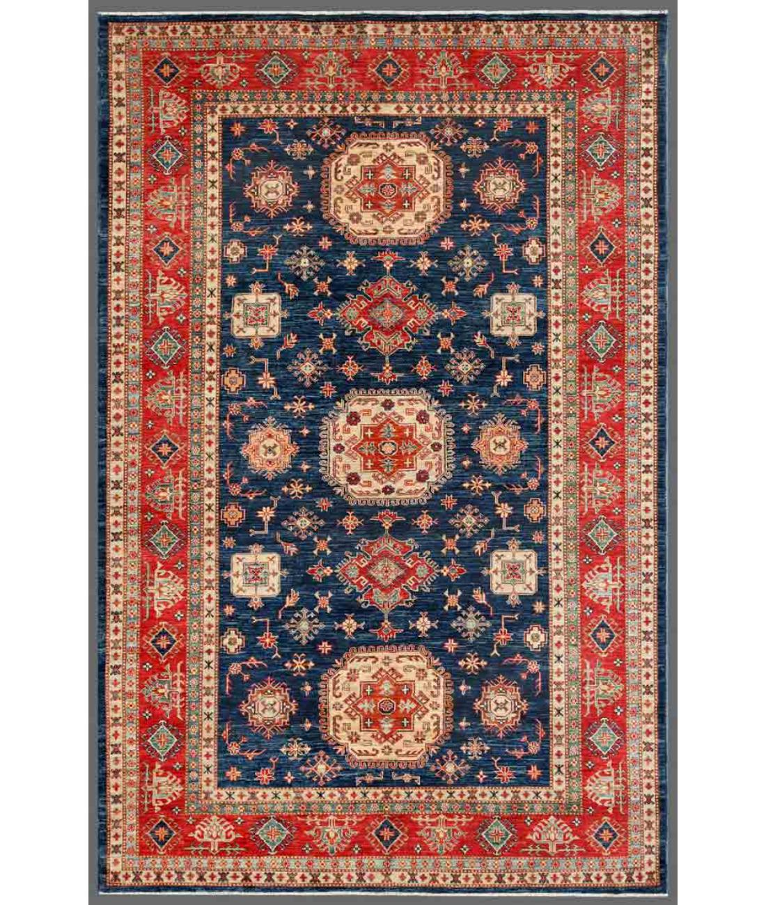 Hand Knotted Royal Kazak Wool Rug - 6'6'' x 10'1'' 6' 6" X 10' 1" ( 198 X 307 ) / Blue / Red