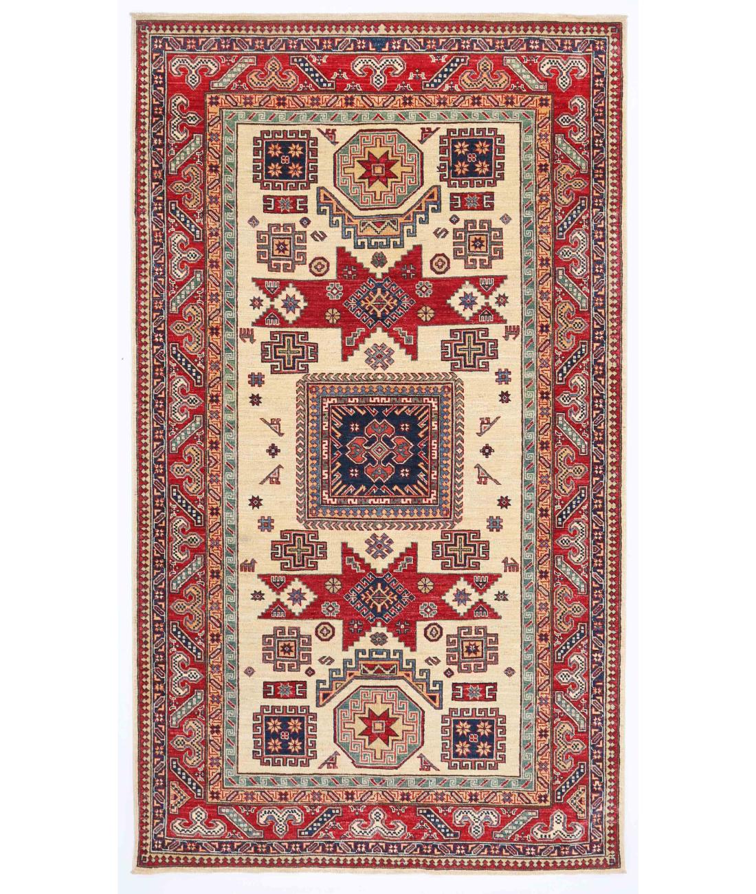 Hand Knotted Royal Kazak Wool Rug - 5'4'' x 8'1'' 5' 4" X 8' 1" ( 163 X 246 ) / Ivory / Red