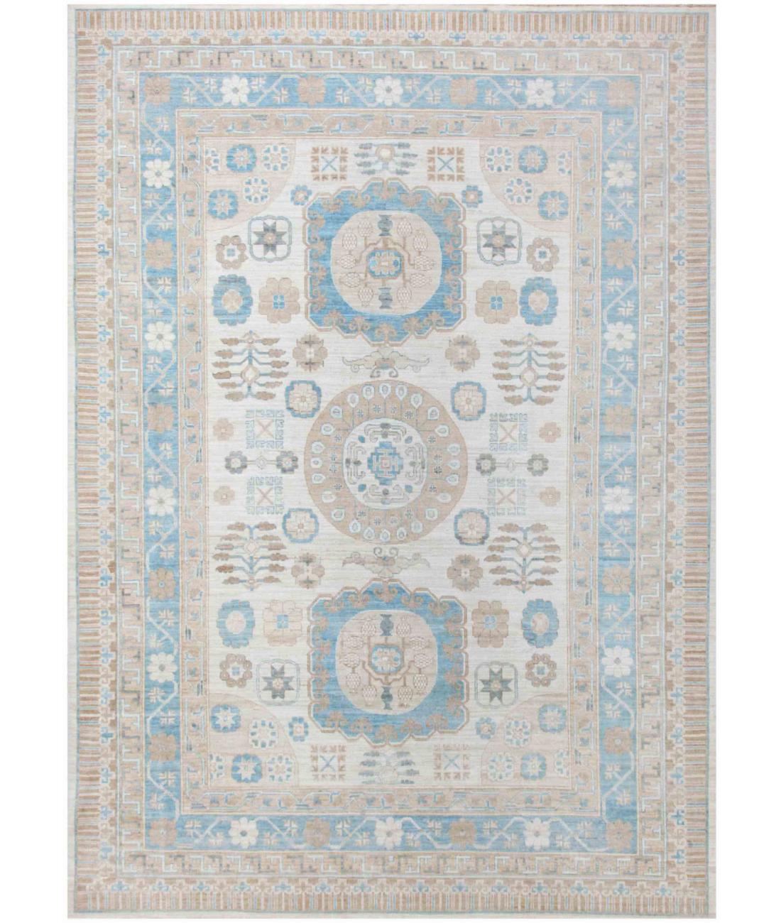 Hand Knotted Khotan Wool Rug - 10'4'' x 14'4'' 10' 4" X 14' 4" ( 315 X 437 ) / Ivory / Taupe