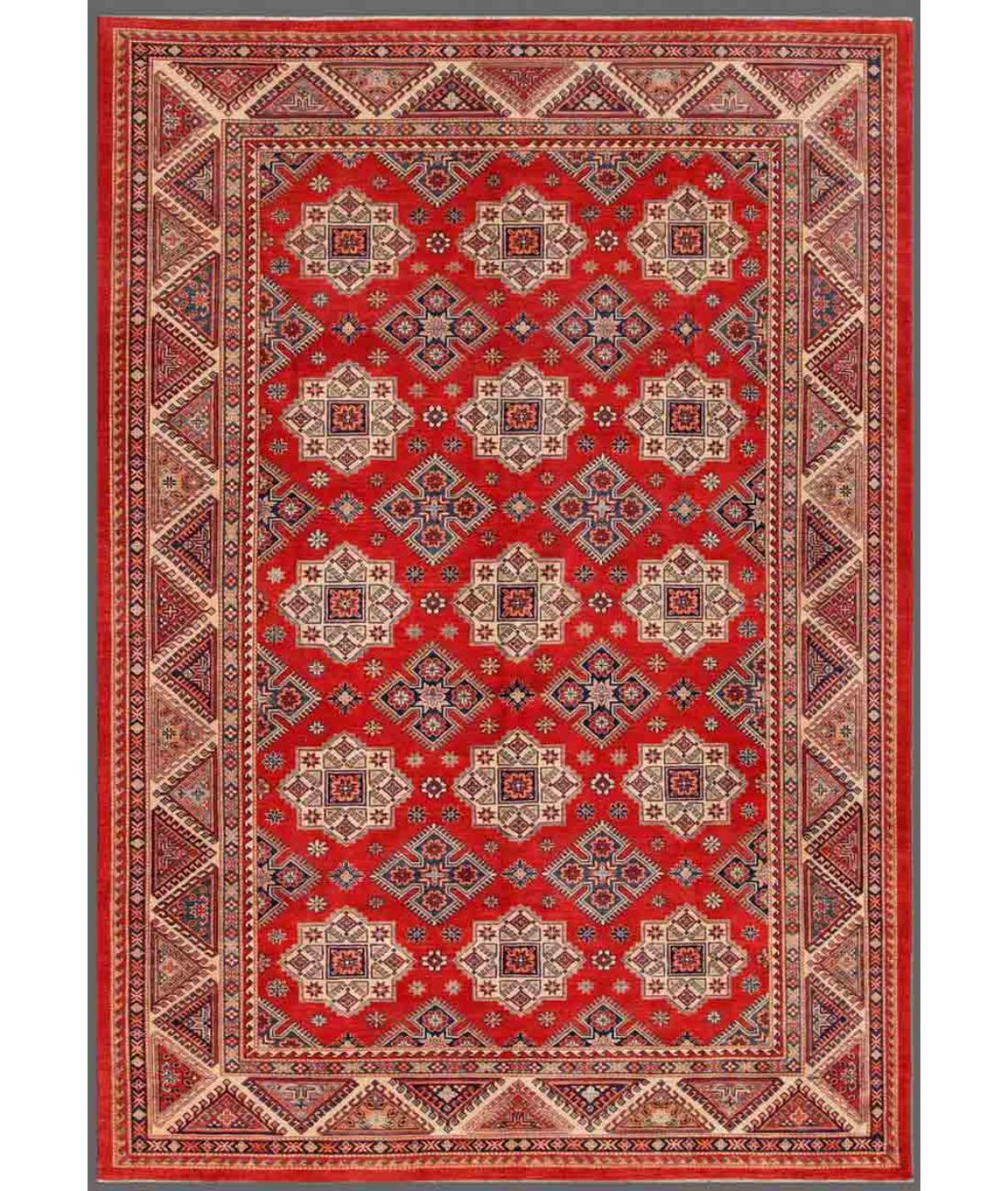 Hand Knotted Tribal Kazak Wool Rug - 9'8'' x 13'7'' 9' 8" X 13' 7" ( 295 X 414 ) / Red / Ivory