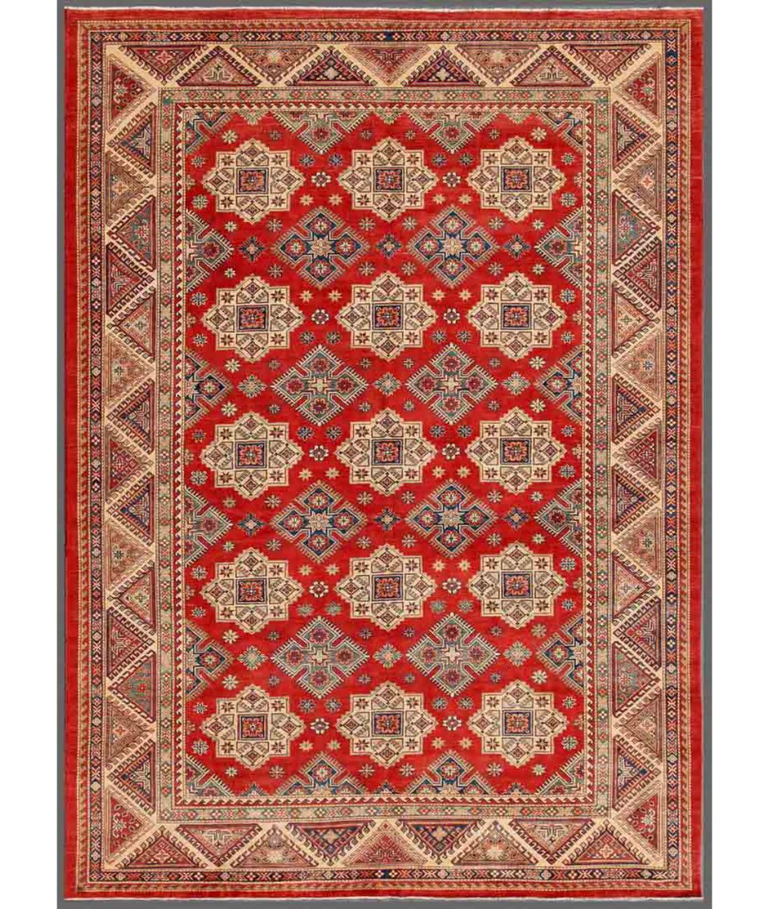 Hand Knotted Tribal Kazak Wool Rug - 9'7'' x 13'6'' 9' 7" X 13' 6" ( 292 X 411 ) / Red / Ivory