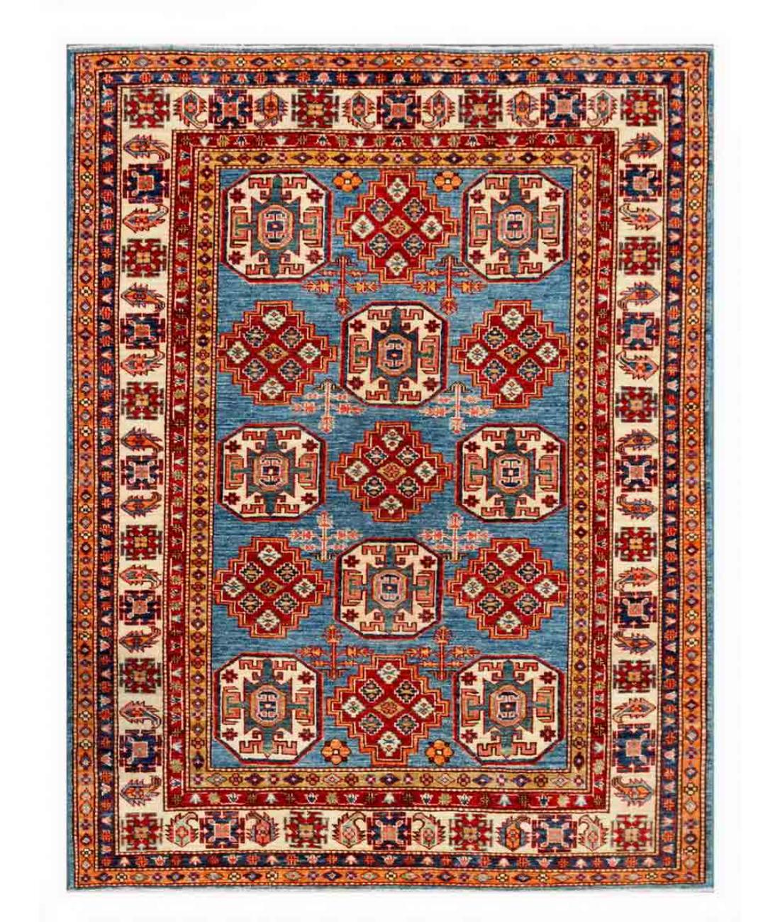 Hand Knotted Royal Kazak Wool Rug - 4'11'' x 6'4'' 4' 11" X 6' 4" ( 150 X 193 ) / Blue / Ivory