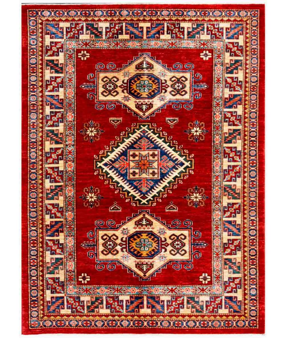 Hand Knotted Royal Kazak Wool Rug - 4'9'' x 6'4'' 4' 9" X 6' 4" ( 145 X 193 ) / Red / Beige