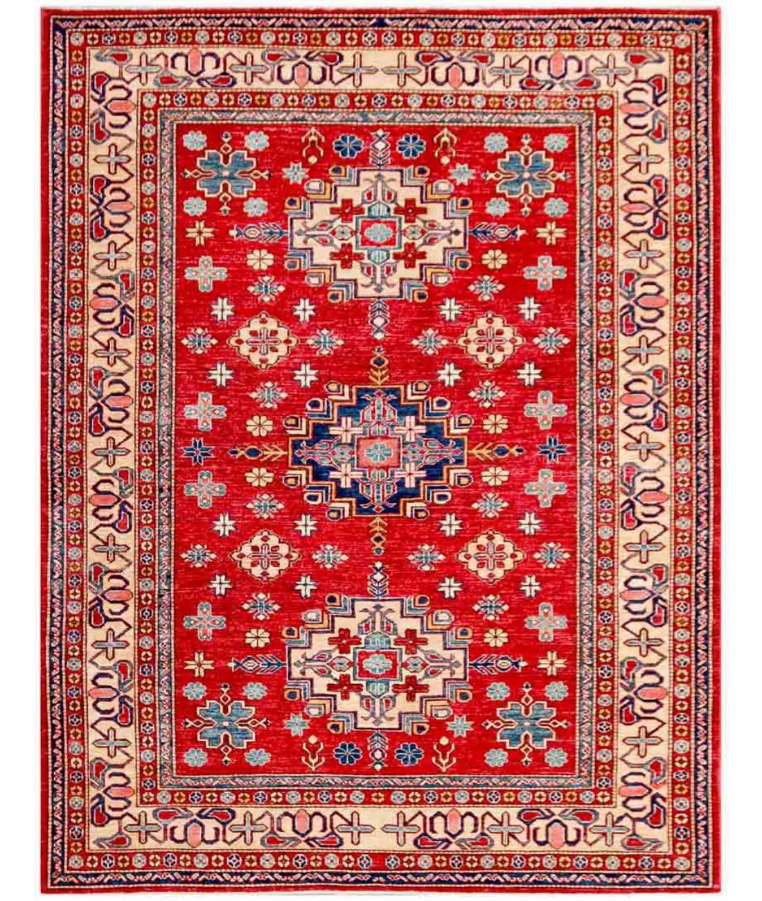 Hand Knotted Royal Kazak Wool Rug - 5'9'' x 7'6'' 5' 9" X 7' 6" ( 175 X 229 ) / Red / Beige