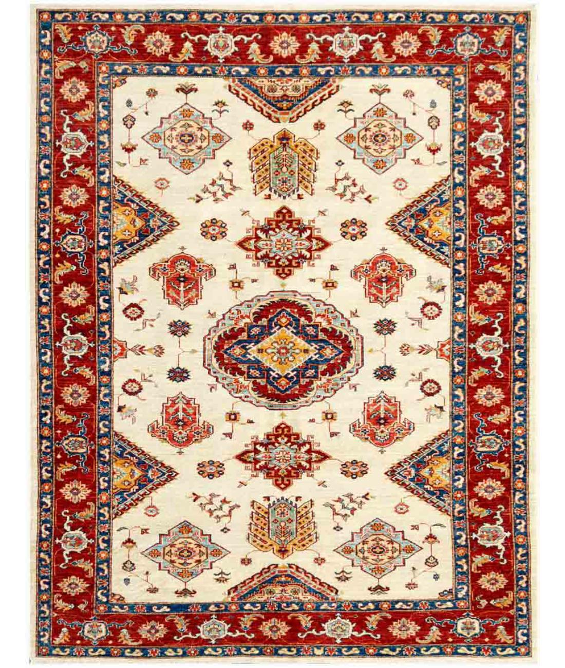 Hand Knotted Royal Kazak Wool Rug - 5'7'' x 7'1'' 5' 7" X 7' 1" ( 170 X 216 ) / Ivory / Red