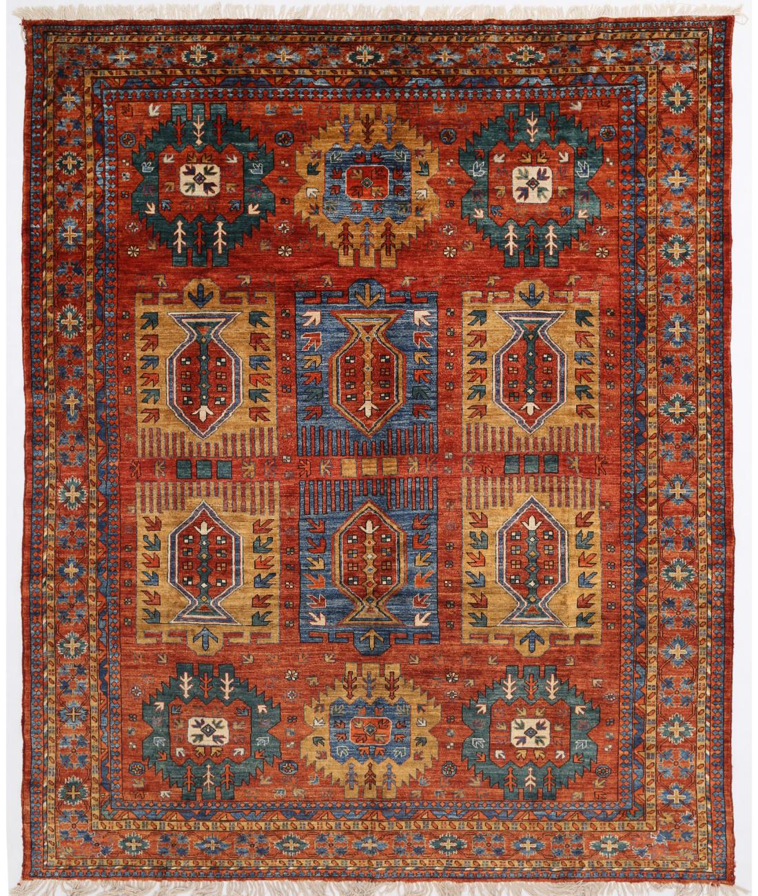 Hand Knotted Nomadic Caucasian Humna Wool Rug - 9'2'' x 11'2'' 9' 2" X 11' 2" ( 279 X 340 ) / Rust / Gold