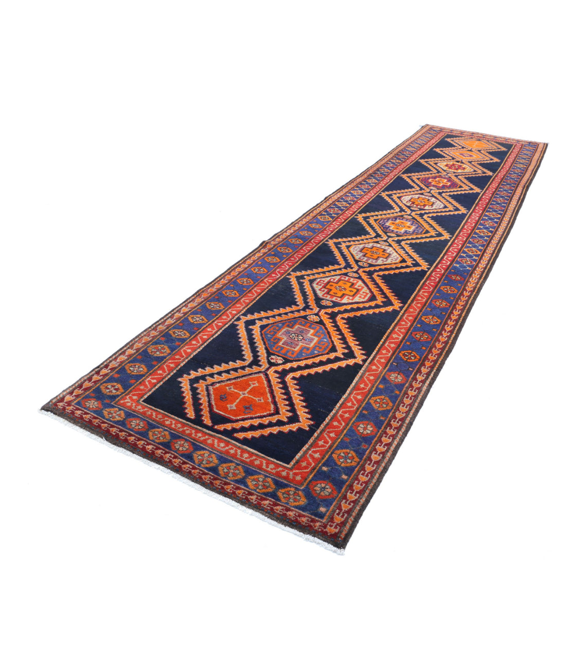 Hamadan 4'2'' X 16'0'' Hand-Knotted Wool Rug 4'2'' x 16'0'' (125 X 480) / Blue / Rust