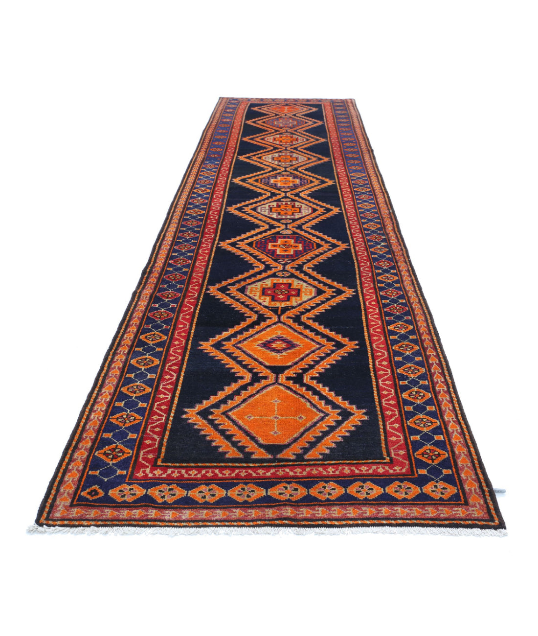 Hamadan 4'2'' X 16'0'' Hand-Knotted Wool Rug 4'2'' x 16'0'' (125 X 480) / Blue / Rust