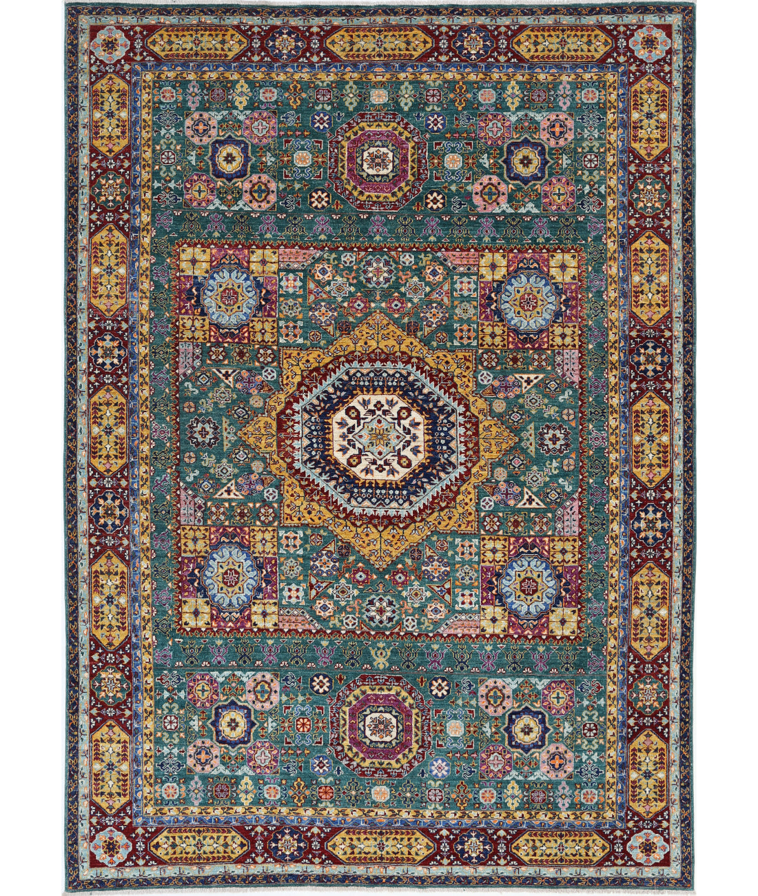 Mamluk 6'9'' X 9'6'' Hand-Knotted Wool Rug 6'9'' x 9'6'' (203 X 285) / Green / Red