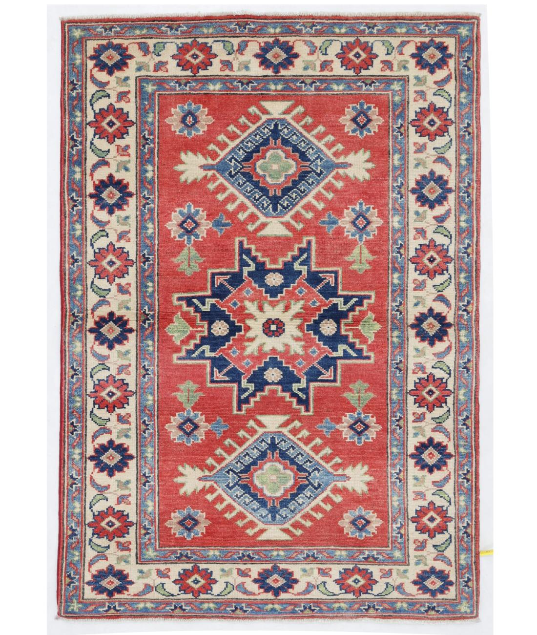 Hand Knotted Tribal Kazak Wool Rug - 3'4'' x 4'9'' 3' 4" X 4' 9" ( 102 X 145 ) / Red / Ivory