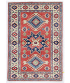 Hand Knotted Tribal Kazak Wool Rug - 3'4'' x 4'9'' 3' 4" X 4' 9" ( 102 X 145 ) / Red / Ivory