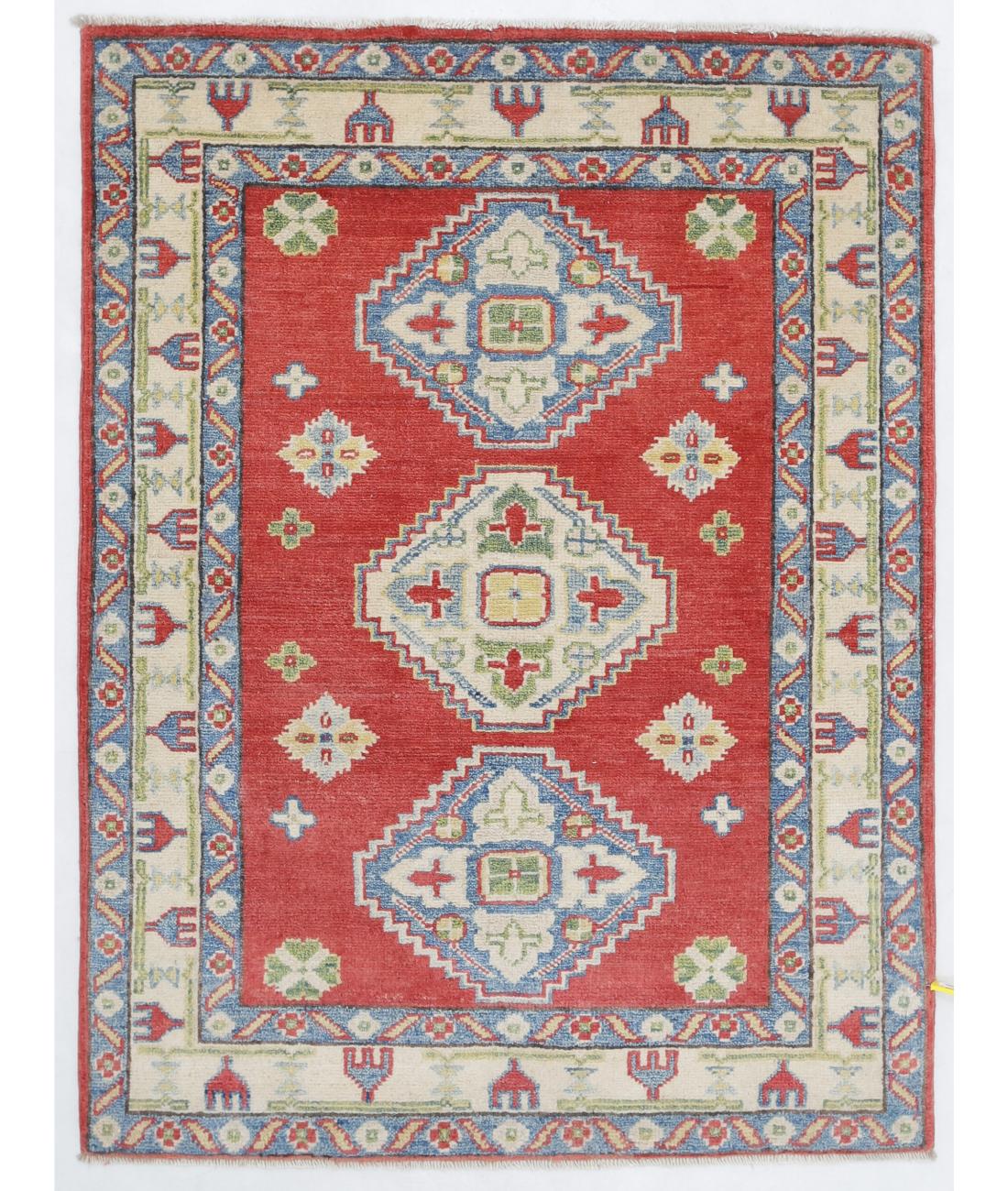 Hand Knotted Tribal Kazak Wool Rug - 2'10'' x 3'9'' 2' 10" X 3' 9" ( 86 X 114 ) / Red / Ivory