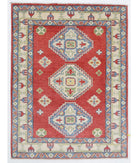 Hand Knotted Tribal Kazak Wool Rug - 2'10'' x 3'9'' 2' 10" X 3' 9" ( 86 X 114 ) / Red / Ivory