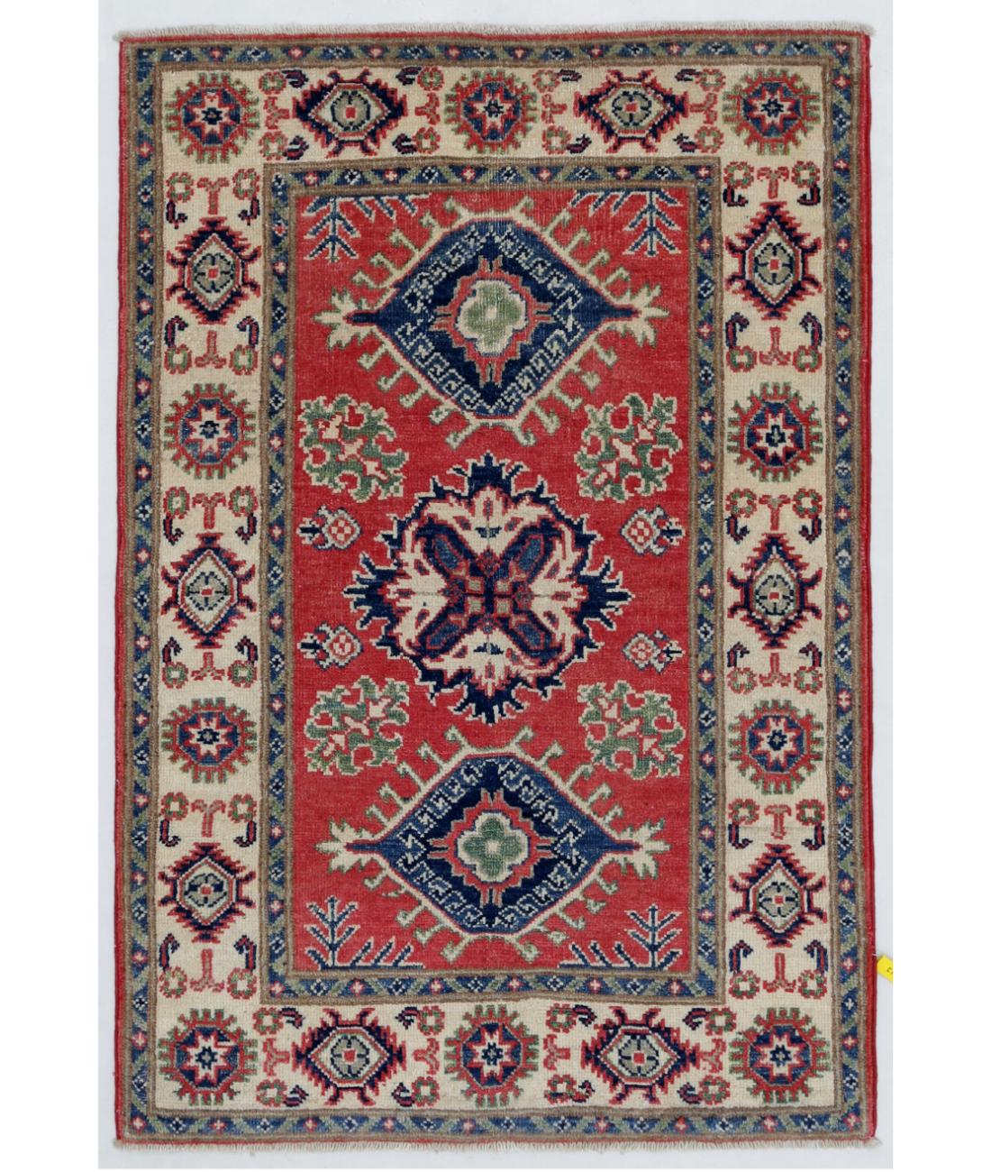 Hand Knotted Tribal Kazak Wool Rug - 2'8'' x 3'10'' 2' 8" X 3' 10" ( 81 X 117 ) / Red / Ivory