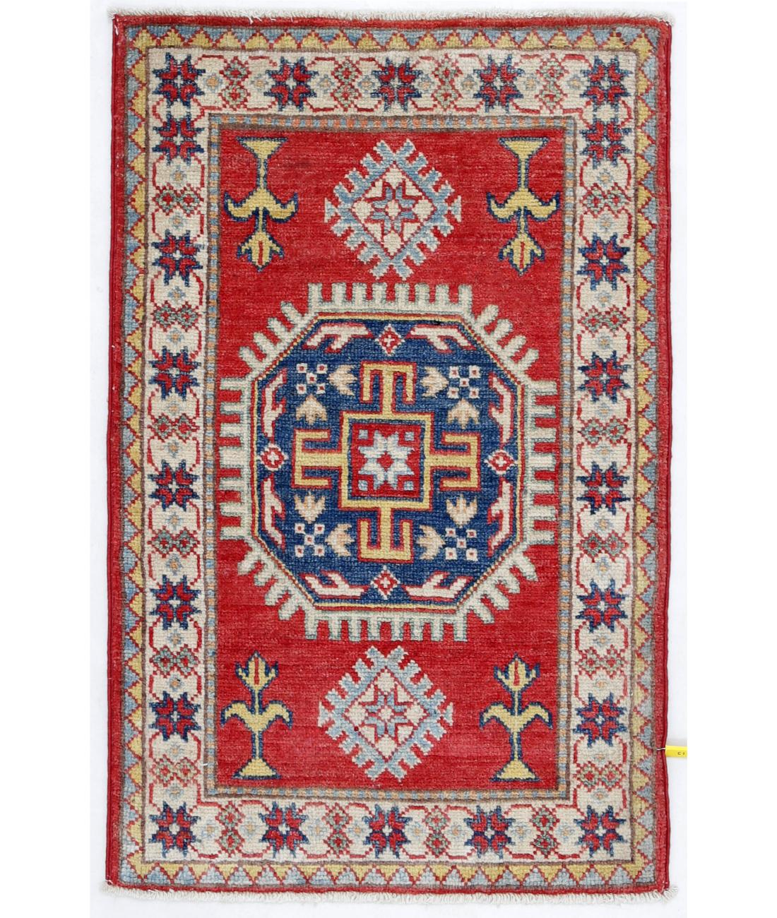 Hand Knotted Tribal Kazak Wool Rug - 1'11'' x 3'0'' 1' 11" X 3' 0" ( 58 X 91 ) / Red / Ivory