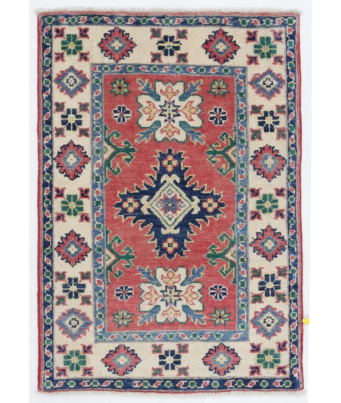 Hand Knotted Tribal Kazak Wool Rug - 2'0'' x 2'10'' 2' 0" X 2' 10" ( 61 X 86 ) / Red / Ivory