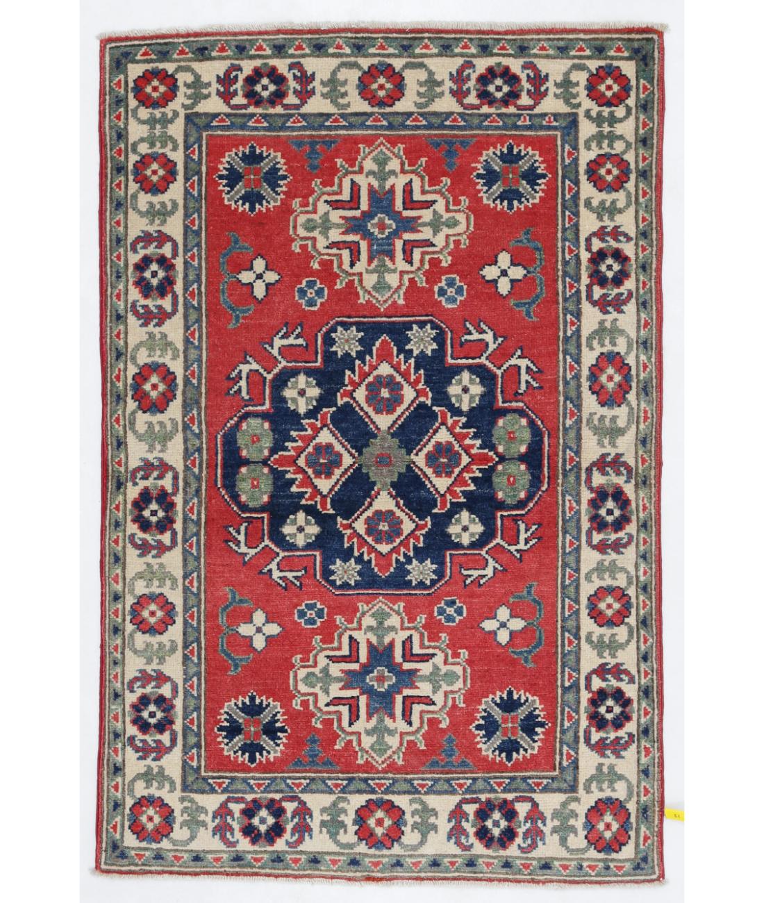 Hand Knotted Tribal Kazak Wool Rug - 2'8'' x 4'0'' 2' 8" X 4' 0" ( 81 X 122 ) / Red / Ivory