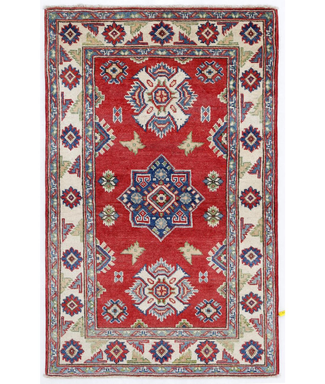 Hand Knotted Tribal Kazak Wool Rug - 2'7'' x 4'2'' 2' 7" X 4' 2" ( 79 X 127 ) / Red / Ivory