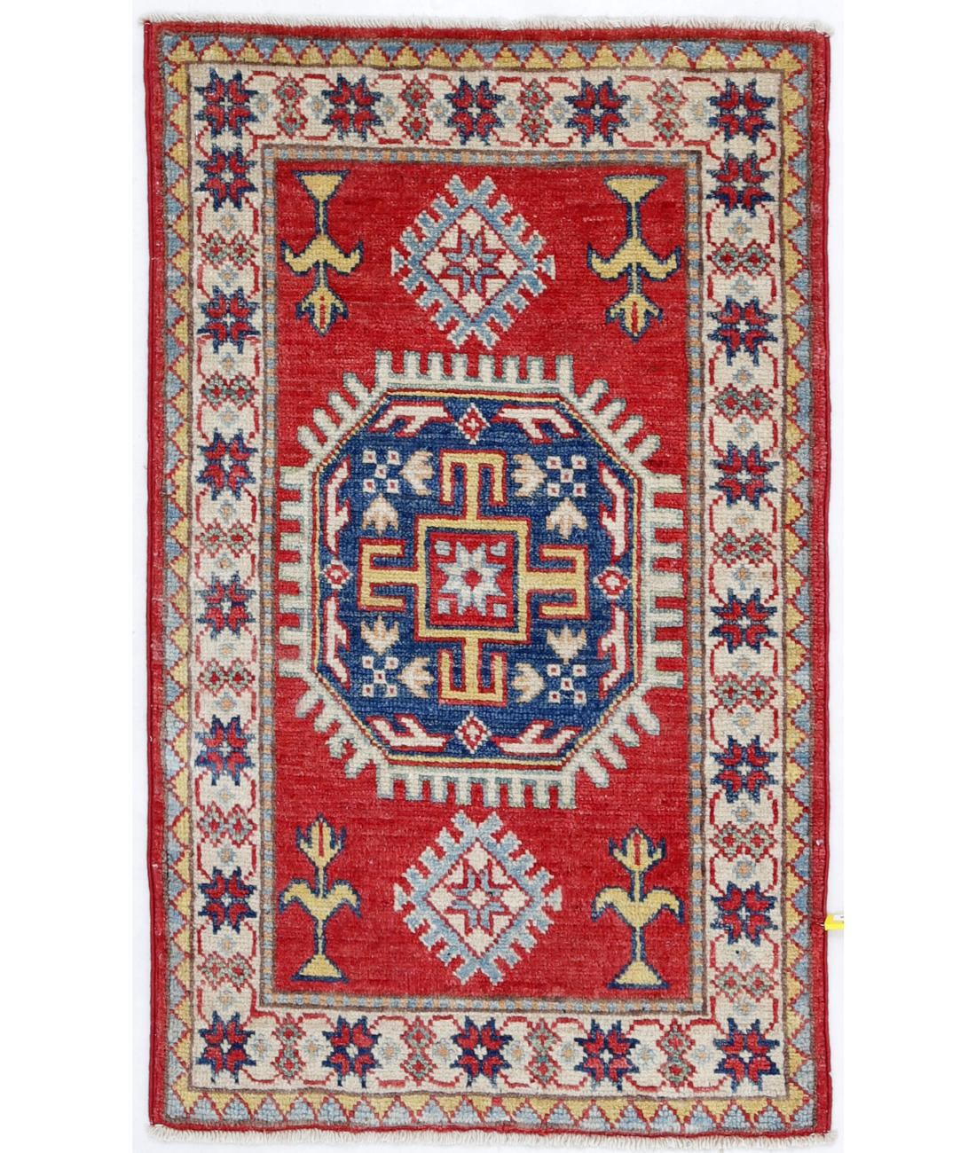 Hand Knotted Tribal Kazak Wool Rug - 1'11'' x 3'0'' 1' 11" X 3' 0" ( 58 X 91 ) / Red / Ivory