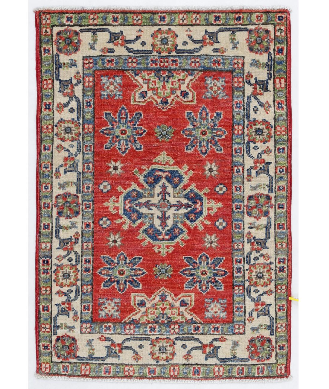 Hand Knotted Tribal Kazak Wool Rug - 2'0'' x 2'11'' 2' 0" X 2' 11" ( 61 X 89 ) / Red / Ivory