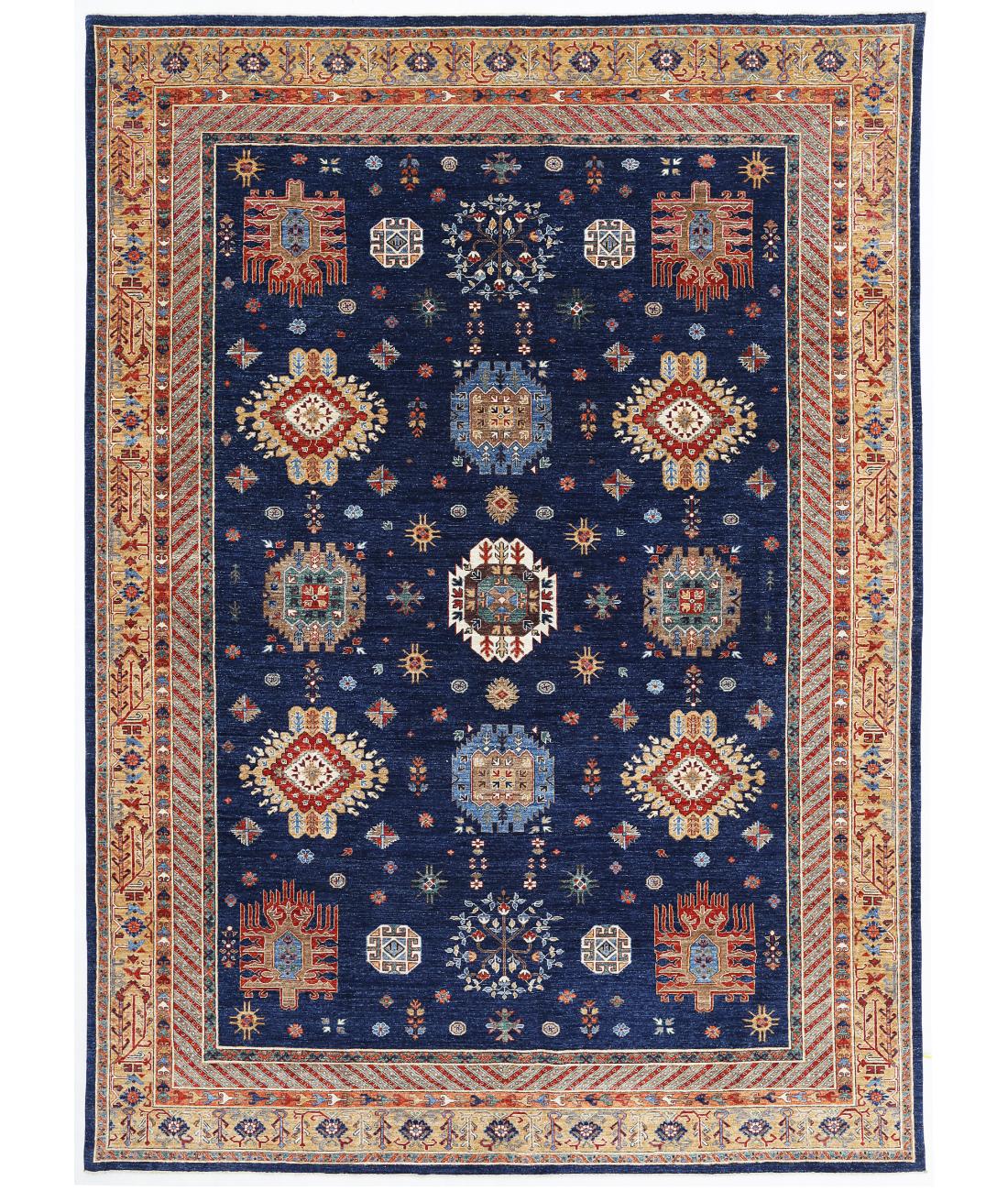 Hand Knotted Nomadic Caucasian Humna Wool Rug - 9'11'' x 13'9'' 9' 11" X 13' 9" ( 302 X 419 ) / Blue / Gold