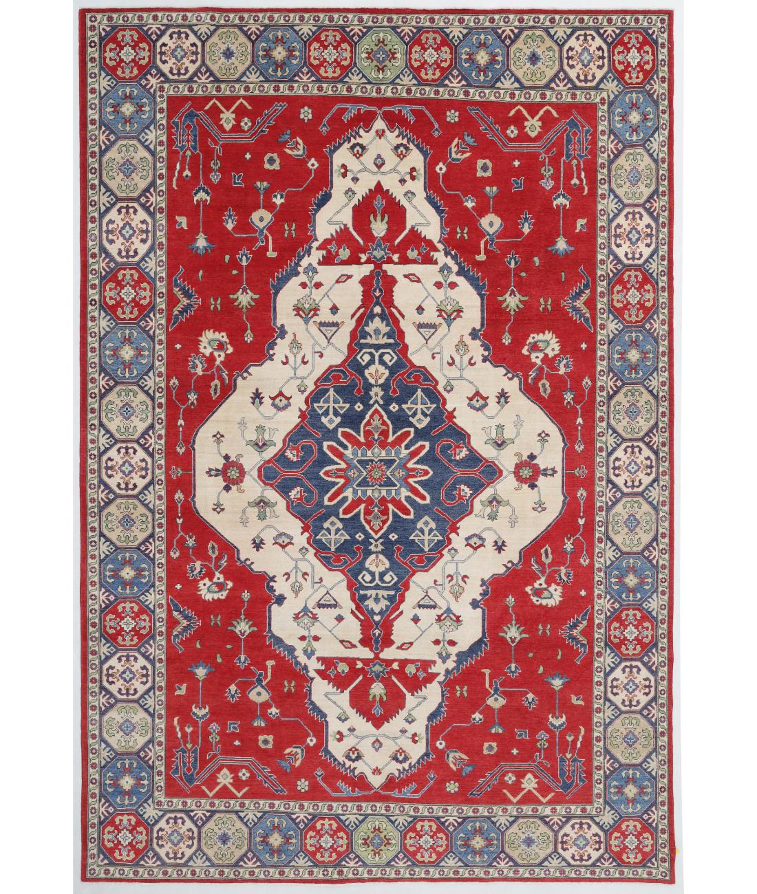Hand Knotted Tribal Kazak Wool Rug - 9'9'' x 14'5'' 9' 9" X 14' 5" ( 297 X 439 ) / Red / Ivory