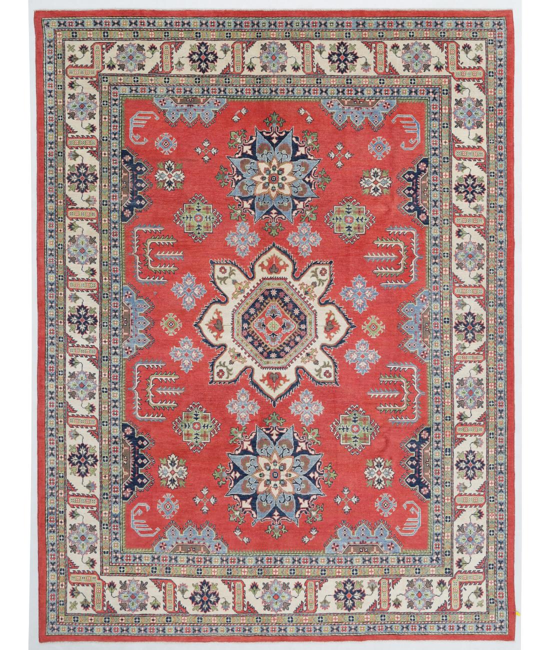 Hand Knotted Tribal Kazak Wool Rug - 8'10'' x 11'9'' 8' 10" X 11' 9" ( 269 X 358 ) / Red / Ivory