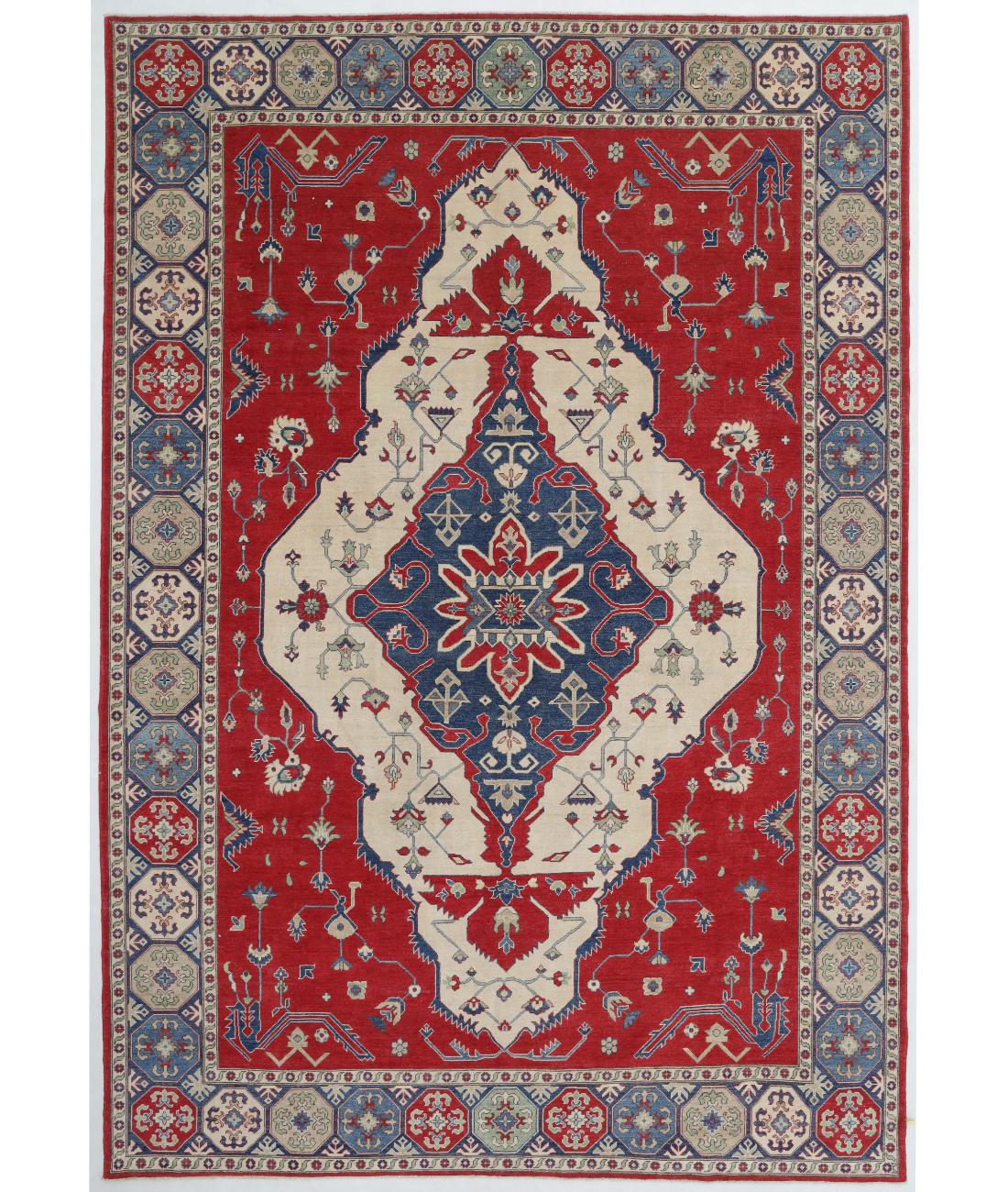 Hand Knotted Tribal Kazak Wool Rug - 10'0'' x 14'4'' 10' 0" X 14' 4" ( 305 X 437 ) / Red / Ivory