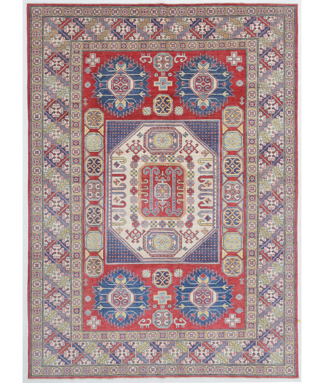 Hand Knotted Tribal Kazak Wool Rug - 8'4'' x 11'9'' 8' 4" X 11' 9" ( 254 X 358 ) / Red / Ivory