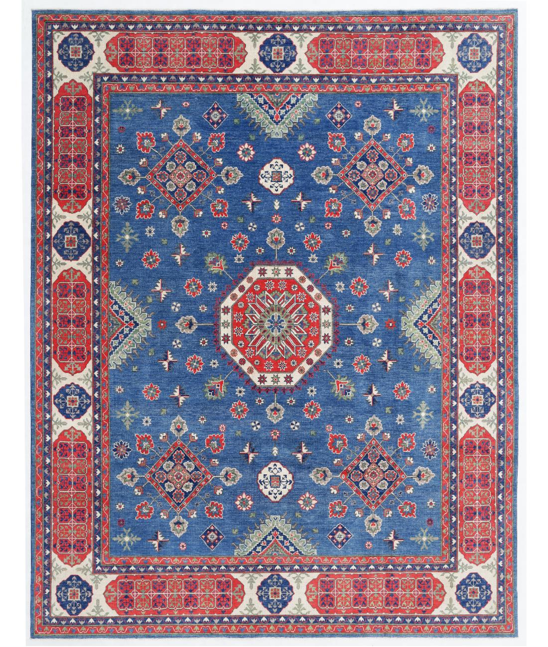 Hand Knotted Tribal Kazak Wool Rug - 9'0'' x 11'9'' 9' 0" X 11' 9" ( 274 X 358 ) / Blue / Ivory