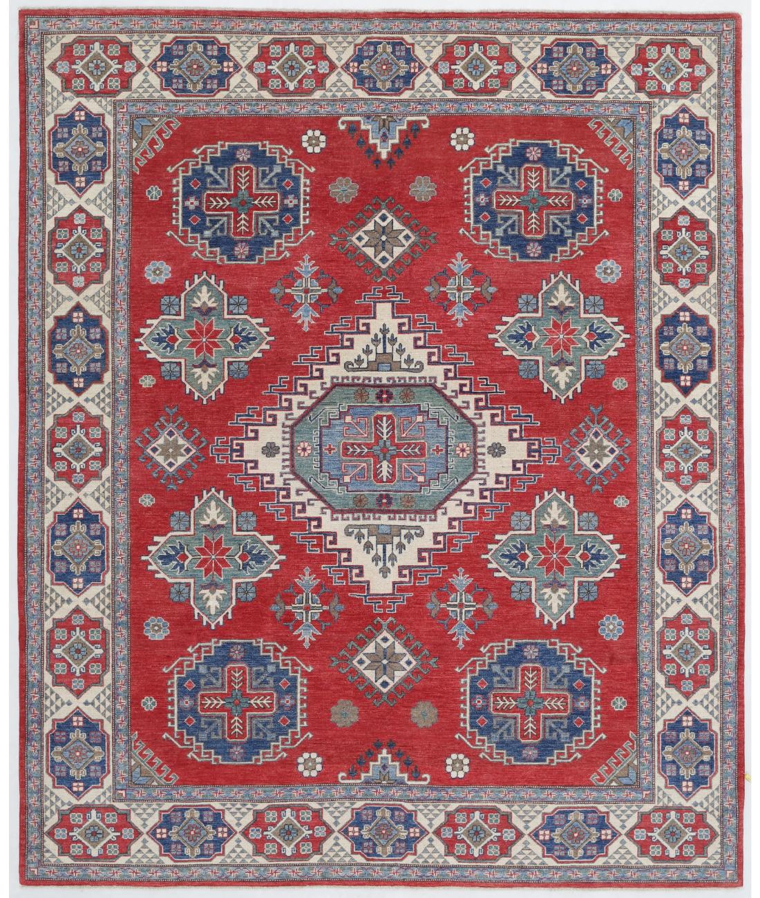 Hand Knotted Tribal Kazak Wool Rug - 8'0'' x 9'8'' 8' 0" X 9' 8" ( 244 X 295 ) / Red / Ivory