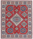 Hand Knotted Tribal Kazak Wool Rug - 8'0'' x 9'8'' 8' 0" X 9' 8" ( 244 X 295 ) / Red / Ivory